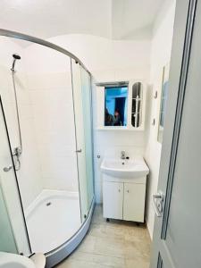 a white bathroom with a shower and a sink at Urban escape #12lunipebega in Timişoara +13 photos