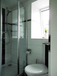クックスハーフェンにあるAppartementhaus-Kogge-Wohnung-11のバスルーム(トイレ、ガラス張りのシャワー付)