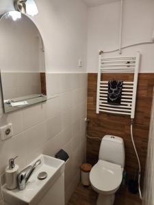 Łazienka z białą toaletą i umywalką w obiekcie Przytulne, nowoczesne mieszkanie 2 Br w mieście Rzeszów