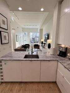 a kitchen with a sink and a living room at Old Town Pied-a-Terre with Private Terrace and Parking! in Chicago