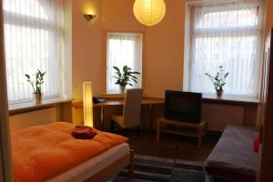 Schlafzimmer mit einem Schreibtisch, einem Bett und einem TV in der Unterkunft ApartInn in Mannheim