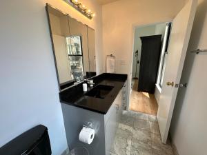 uma casa de banho com um lavatório e um espelho em River North Hideaway with Amazing Views and Parking em Chicago