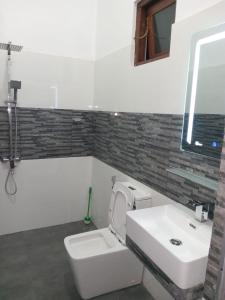 La salle de bains est pourvue d'un lavabo, de toilettes et d'un miroir. dans l'établissement Idom Cozy, à Gampola