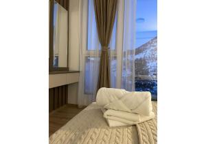 Mountain Apartment في مافروفو: غرفة بسرير ونافذة مطلة