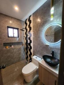 巴科洛德的住宿－4 bedrooms Newly Build Vacation House，一间带卫生间、水槽和镜子的浴室