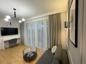 sala de estar con sofá y ventana grande en Rainbow Apartments Premium CENTRUM, en Kielce