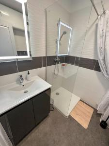 a bathroom with a glass shower and a sink at Le Fontaine - Hyper Centre - Vue Cathédrale - Wifi in Mende