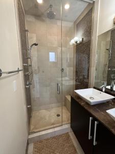 a bathroom with a shower and a sink at Wrigley Penthouse with Private Roof Deck and Parking in Chicago