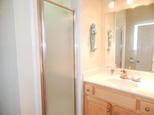 ein Badezimmer mit Dusche, Waschbecken und Spiegel in der Unterkunft 070 Fish Camp 29 - Living the Dream in Dauphin Island + 16 Fotos