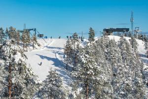 a group of people skiing down a snow covered slope at Fin lägenhet med bastu i Järvsö! in Järvsö