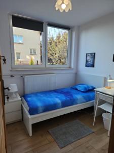 ein Schlafzimmer mit einem blauen Bett und einem Fenster in der Unterkunft Przytulne pokoje u Julii in Rzeszów