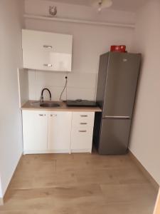 uma cozinha com um frigorífico de aço inoxidável e armários brancos em Przytulne pokoje u Julii em Rzeszów