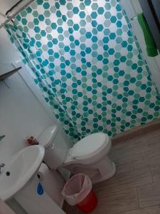 łazienka z toaletą i zasłoną prysznicową w obiekcie Apartamentos Mundo Maya Habitaciones w mieście Flores
