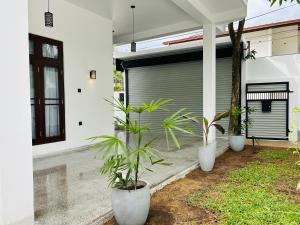 een garagedeur met drie planten voor een huis bij The Palazzo - Weligama in Weligama