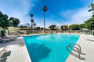 a swimming pool with chairs and palm trees at Villas de las Flores Permit #68338 in Palm Springs
