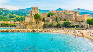 un grupo de personas nadando en el agua en una playa en F2 à Collioure avec piscine et tennis, en Collioure