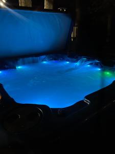 Cette chambre sombre dispose de lumières bleues sur le lit. dans l'établissement Lovely waterfront private cottage with hot tub in Kawartha Lakes, à Head Lake