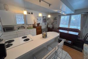 a kitchen with white cabinets and a counter top at Buzz's Place in Barnumville