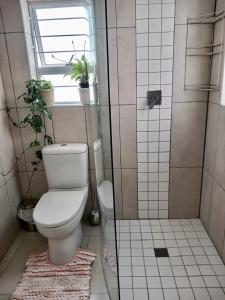 a bathroom with a toilet and a shower with a window at 22's Company in Cape Town