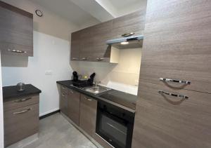 uma cozinha com armários de madeira, um lavatório e um fogão em RESIDENCE LES JOYAUX em Muret