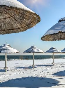 a group of umbrellas on a beach with the ocean at Sopot blisko plaży 4 in Sopot