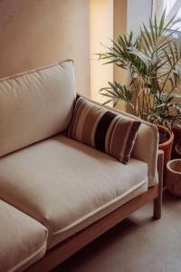 - un canapé avec un oreiller dans une chambre ornée de plantes dans l'établissement Private Apartment - the coffee apartment, à Cusco