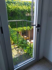 una puerta abierta con vistas a un jardín exterior en depto muy cómodo en 1er piso en La Plata