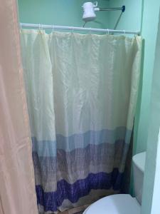 une salle de bain avec un rideau de douche et des toilettes dans l'établissement HOSTEL CASA MARINA, à Puerto Limón 48 autres photos
