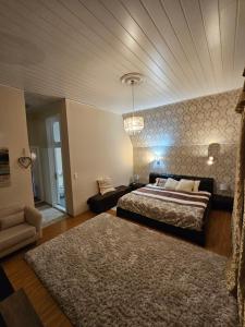 a large bedroom with a bed and a rug at Relax & Wellness Villa Diósd in Budapest