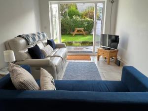 a living room with a blue couch and a tv at Bluebell Cottage Mumbles - Sea Views in The Mumbles
