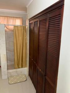 a bathroom with a shower and a brown closet at Beach Walk Studio near Mobay Hip Strip in Montego Bay