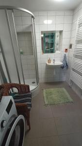y baño con ducha y lavamanos. en TUTTO House, en Frýdlant nad Ostravicí