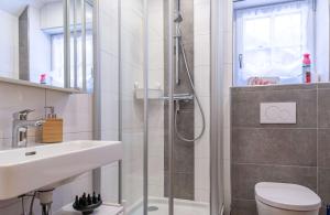a bathroom with a shower and a sink and a toilet at Ferienwohnung Haus Sonnenschein - Your Austrian Home in Grundlsee +14 photos