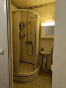 a bathroom with a shower and a sink at Huoneisto Kemin ydinkeskustassa in Kemi