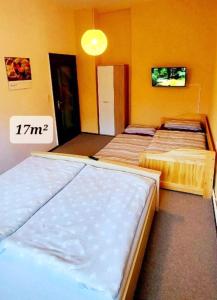 a room with three beds in it with a tv at Ferienwohnung "Blick Mylau" - Nähe Freizeitpark Plohn & weltgrößter Ziegelsteinbrücke in Reichenbach im Vogtland +44 photos