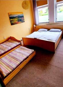 2 camas en una habitación con 2 ventanas en Ferienwohnung "Blick Mylau" - Nähe Freizeitpark Plohn & Göltzschtalbrücke en Reichenbach im Vogtland