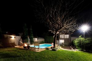 a backyard at night with a swimming pool and a tree at Casa Dona Adelaide in Vila do Conde