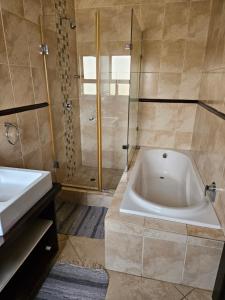 La salle de bains est pourvue d'une baignoire, d'une douche et d'un lavabo. dans l'établissement The Hide in Sandton 2, à Sandton