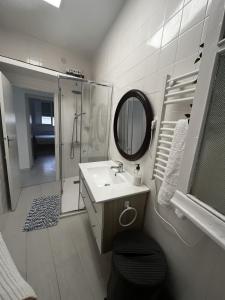 uma casa de banho com um lavatório, um chuveiro e um espelho. em Piso completo a 5 minutos del metro linea 5 verde em Madrid