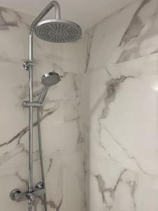 a shower in a bathroom with white marble walls at La Mezzavilla in Nuits-Saint-Georges