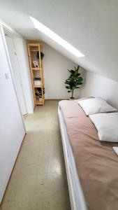 um quarto com uma cama e um vaso de plantas em DG Links -Wunderschöne 40m² große City Wohnung nähe Salzburg em Freilassing
