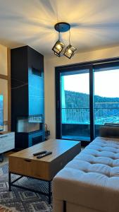 a living room with a bed and a large window at Natural White apartments in Bjelašnica