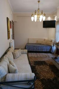 un salon avec un canapé et un lit dans l'établissement Aimilias House, Διαμέρισμα δυο υπνοδωματίων, à Arachova
