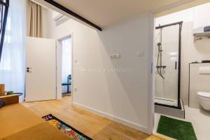 a bathroom with a shower and a toilet at Elegant Stay Near Hungarian Museum by Pink Flamingo in Budapest +9 photos