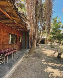 Cabaña de madera con banco y palmera en Naif habitaciones, en Máncora