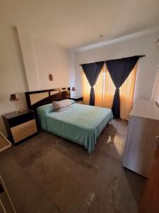 1 dormitorio con 1 cama y una ventana con cortinas en Departamento zona termas Rodolfo en Colón