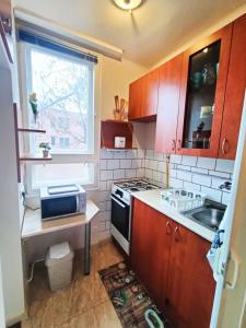 a kitchen with a stove and a sink and a window at Hírös Home in Kecskemét