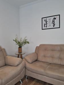 a living room with a couch and a table at Suíte confortável, churrasqueira e TV 55in em area nobre da cidade in Poços de Caldas