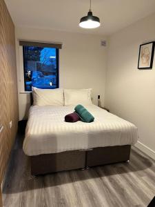 a bedroom with a large bed with a window at 2 Ashbrook Margaret - luxury 2 bed ground floor in Oxford