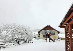 una casa cubierta de nieve frente a una casa en Arkadia en Muszyna